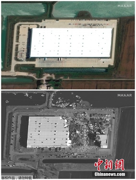 图为美国伊利诺伊州Edwardsville一亚马逊仓库及周边遭遇龙卷风前后卫星对比图,上图为2021年9月24日所拍,下图为2021年12月11日所拍。