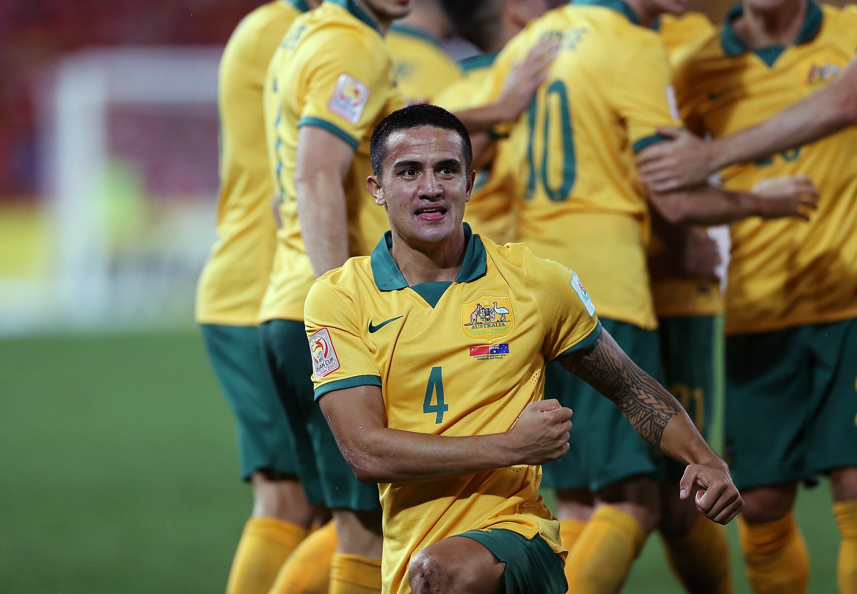 2015年1月22日,澳大利亚队球员卡希尔在比赛中庆祝第二粒进球.