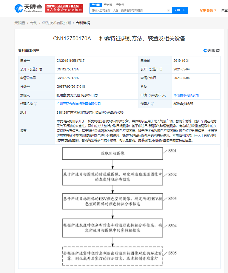 华为公开“一种雾特征识别方法”专利 可应用于人工智能AI中智能驾驶领域