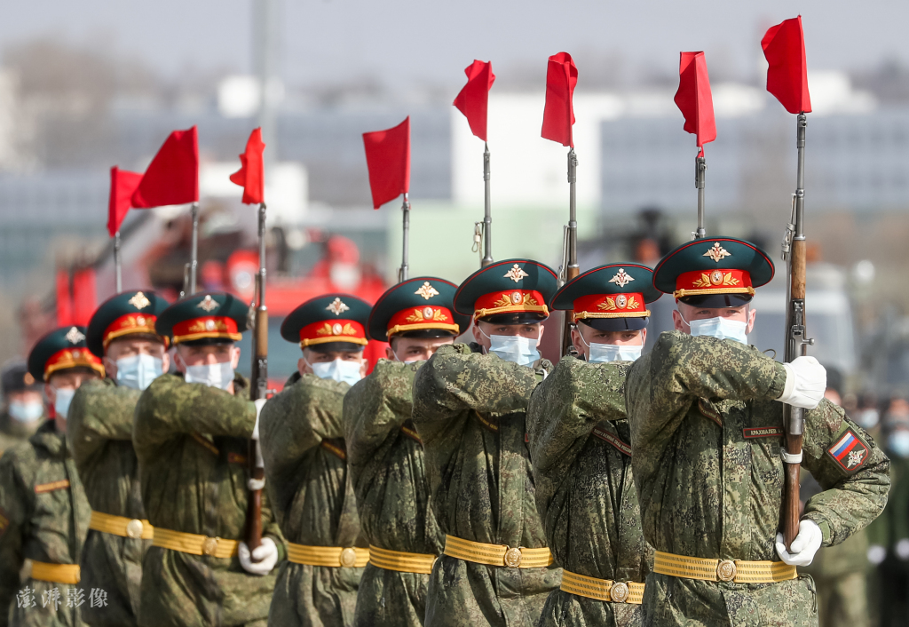 2021年4月14日,俄罗斯莫斯科州阿拉比诺,俄罗斯举行胜利日阅兵彩排