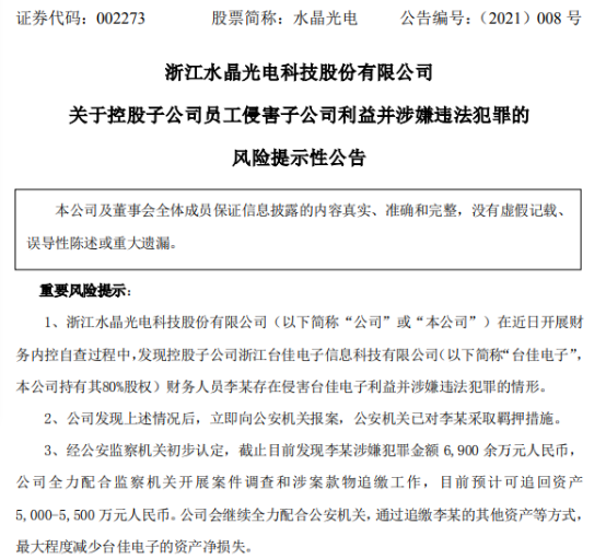 光学龙头水晶光电涉案近7000万 当地公安机关已介入(图1)