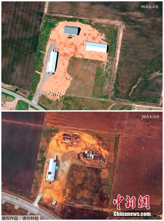 图为美国阿肯色州Monette一农村及周边遭遇龙卷风前后卫星对比图,上图为2021年2月22日所拍,下图为2021年12月11日所拍。