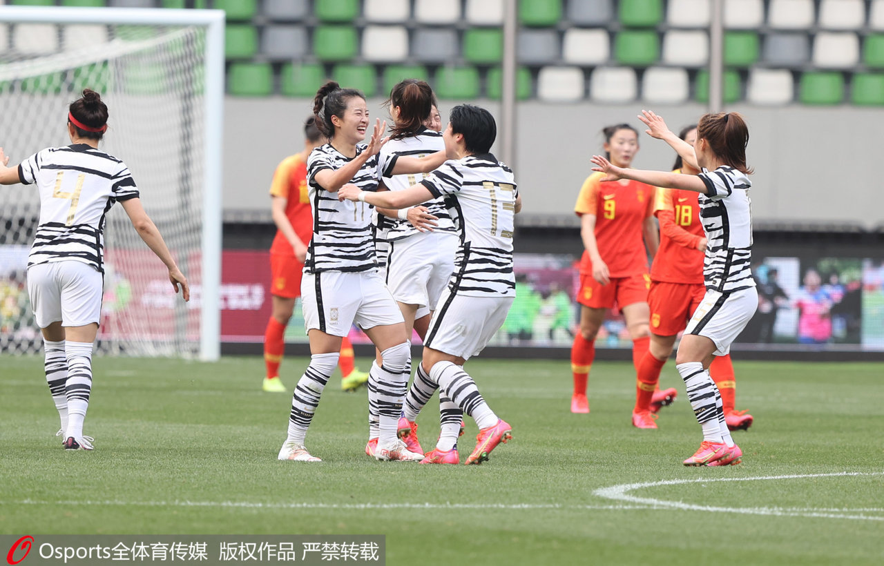 韩国女足庆祝进球。