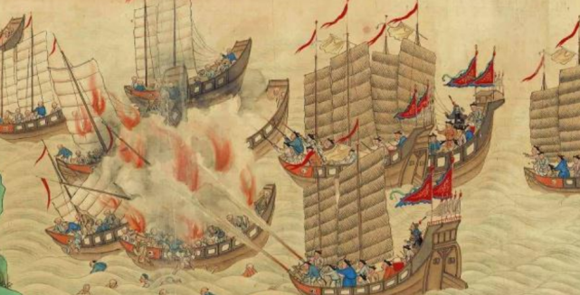 1683年澎湖海战,炮击战术变得更加重要,海上交战发铳为先,"焚寇之船莫