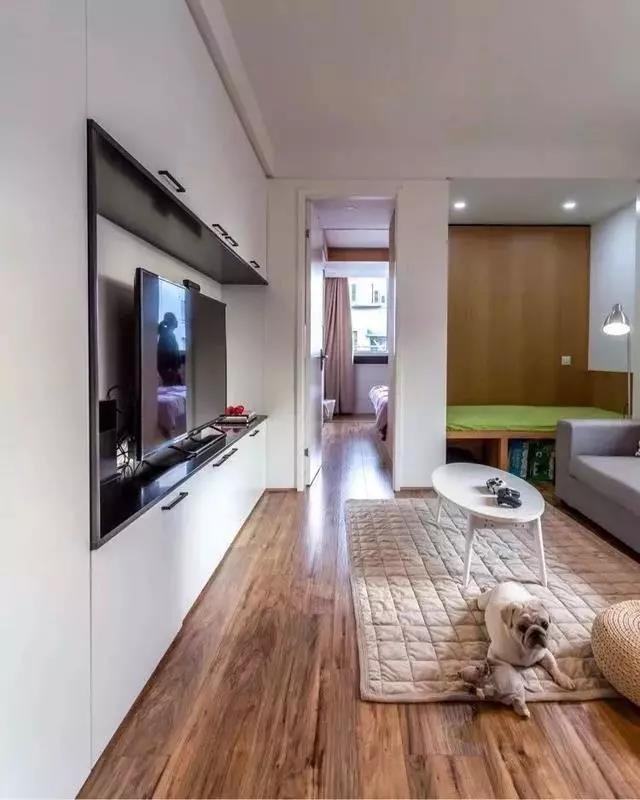 48平现代二居室五脏俱全,餐厅与厨房开放设计,洗衣机嵌入橱柜