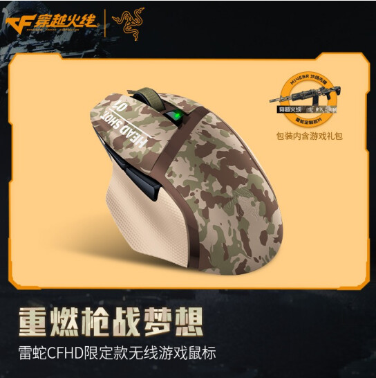 鼠标正面照,侧裙为淡黄色,上盖迷彩图案