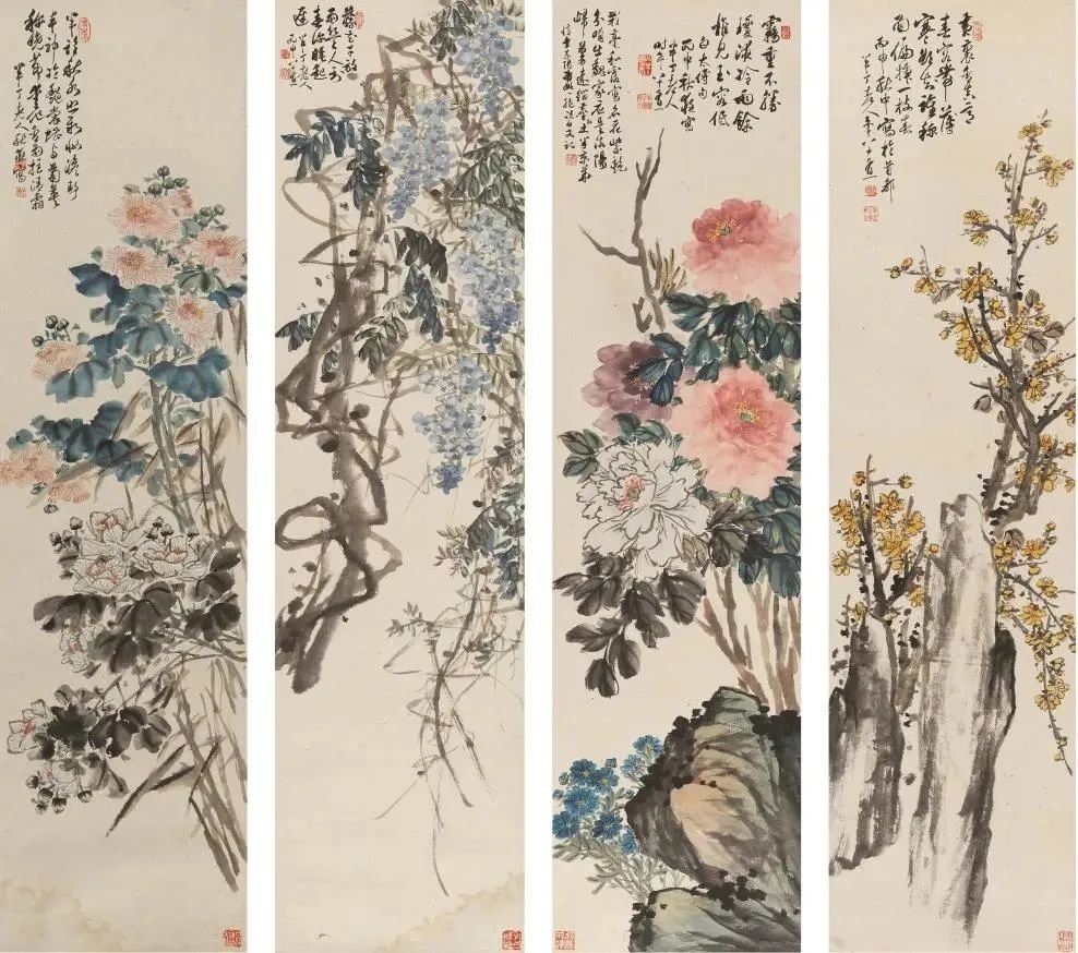 陈半丁：花卉四屏_凤凰网