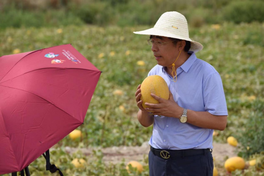 何淼在担任尉犁县副县长期间，在田地里为瓜农快手直播带货哈密瓜。