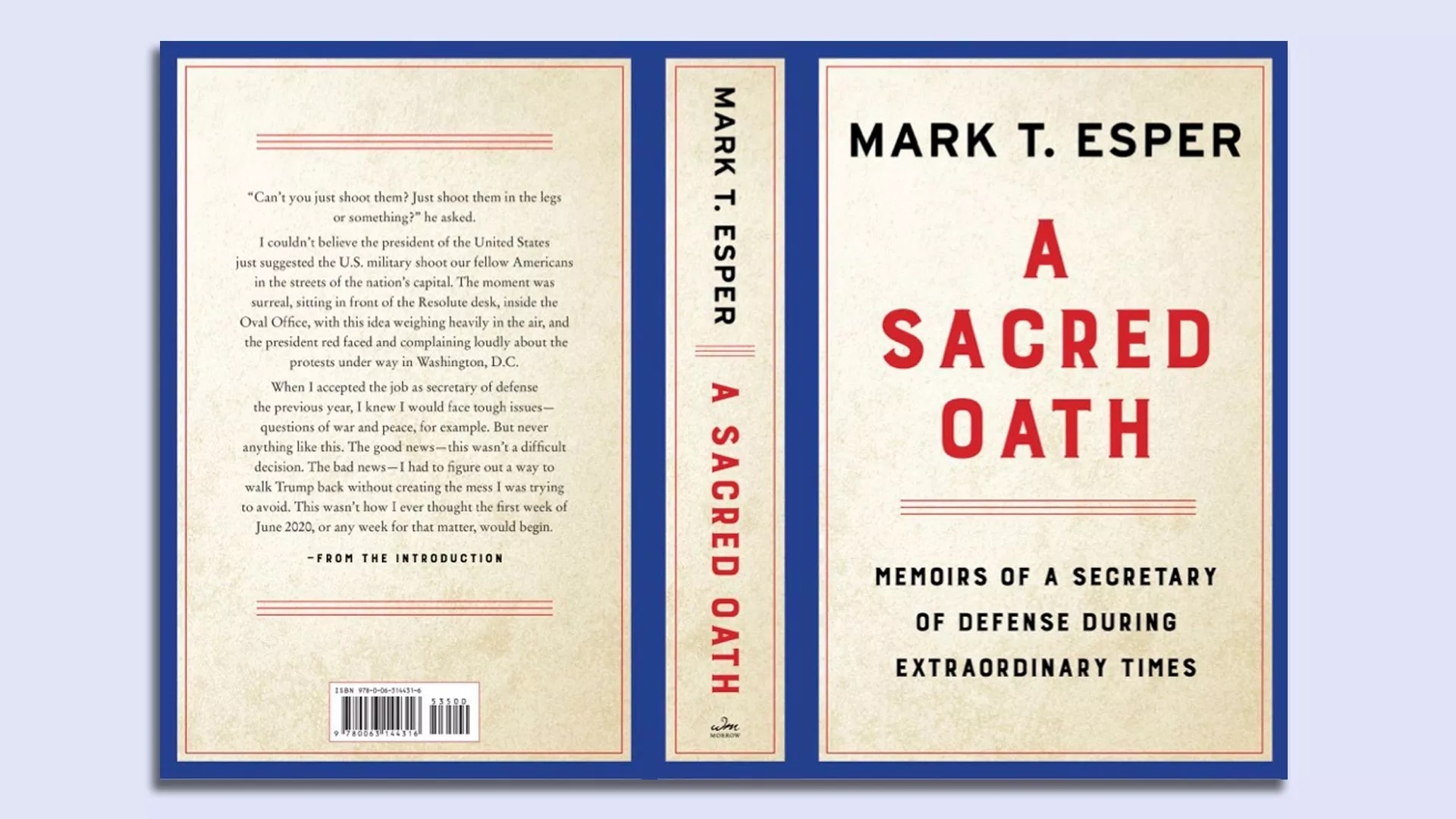 美国前国防部长马克·埃斯珀新书《神圣的誓言》将在5月10日出版。图自Axios新闻网