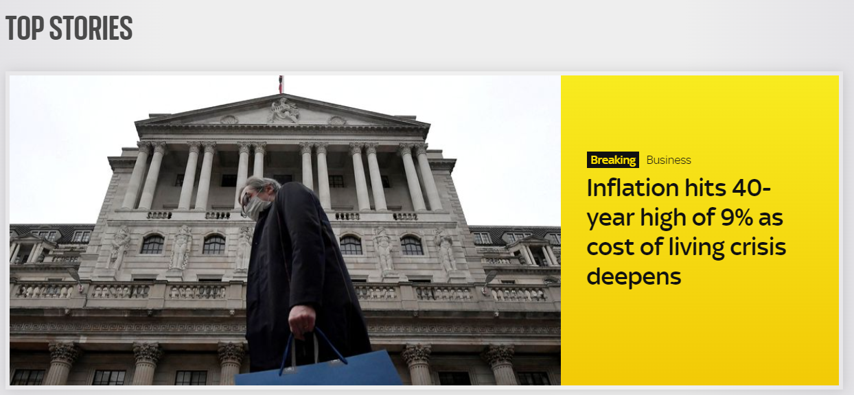 英国天空新闻：通胀率冲击40年新高，民众深陷成本危机