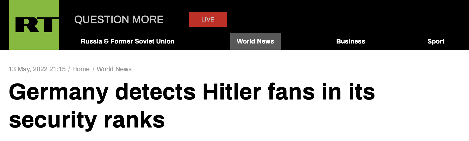 RT：德国安全部门中发现了希特勒的粉丝