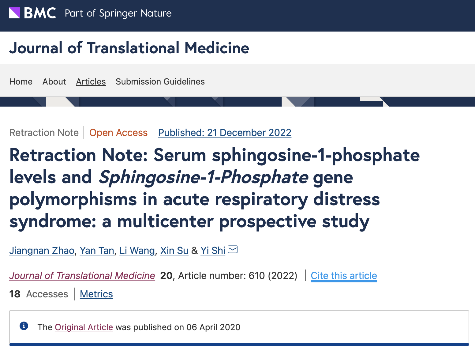 《转化医学期刊》2022年12月21日在线发表的撤稿说明。