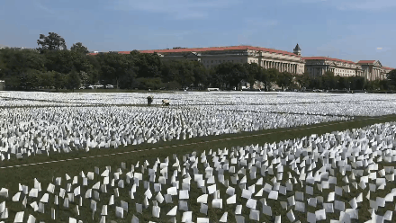 ▲ 美国艺术家费斯登伯格2020年10月发起“在美国：记住”的视觉艺术项目，在华盛顿国家广场插上小白旗，并每天插上新旗，纪念死于新冠的美国人。至今，已经有超过90万美国人最终成为了广场上的小白旗，这里已然是一片“旗海”。