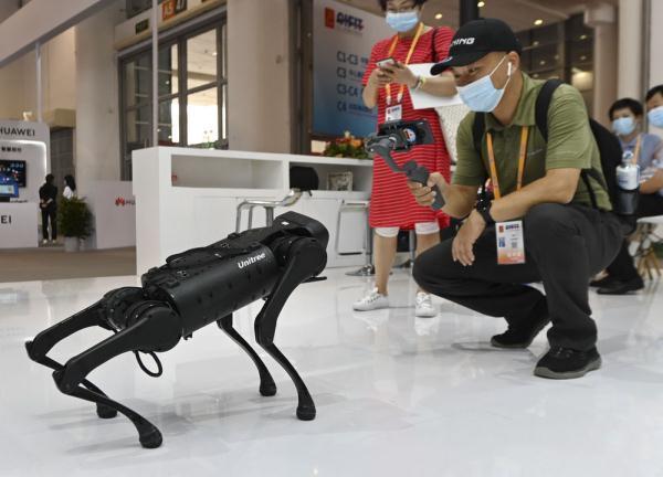 △2021年9月8日，参观者在2021金砖国家新工业革命展上拍摄展出的智能机器狗。
