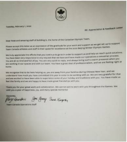 加拿大奥运团队写给中国冬奥工作团队的感谢信。（图片来源：中国日报网）