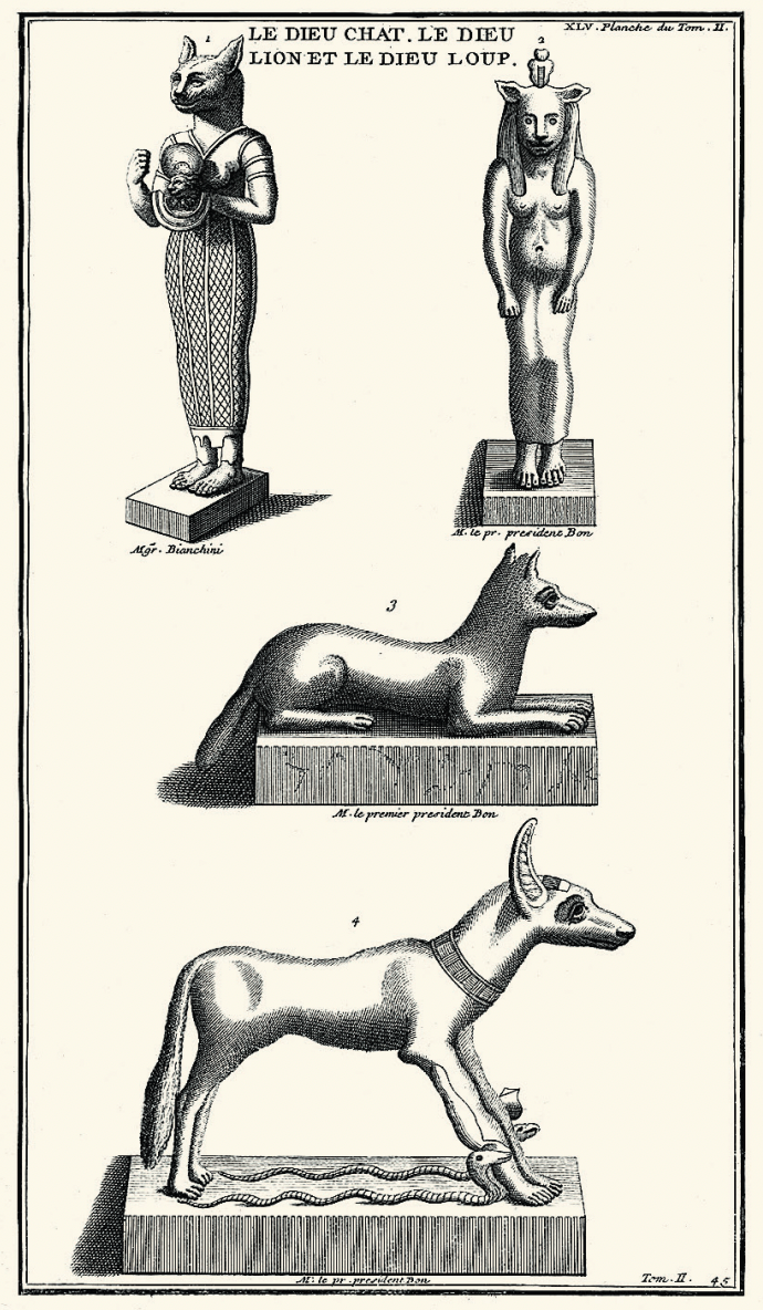 《猫神和狮神》，伯纳德·德·蒙福孔雕刻于1719年，描绘猫科动物对埃及人精神生活所产生的巨大影响。