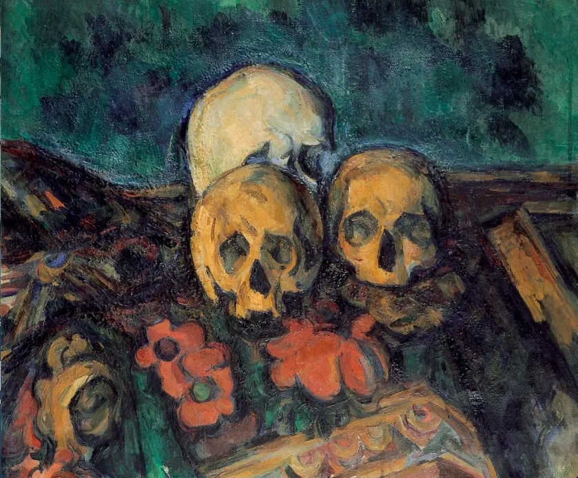 塞尚，《图案地毯上的三个头骨》，1904年，瑞士索洛图恩艺术博物馆藏