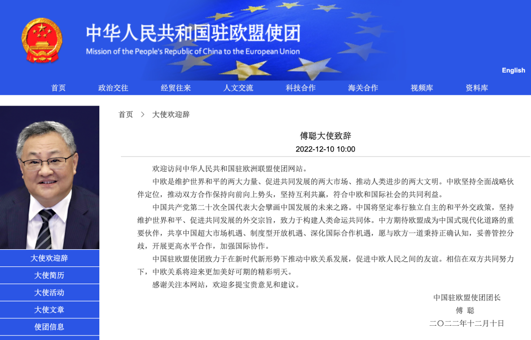 中国驻欧盟使团官网截图