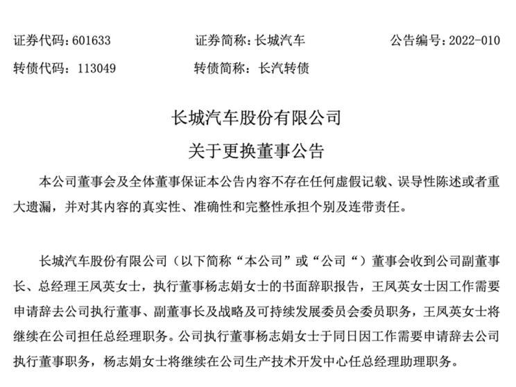 長城汽車有限公司關於更換董事的公告