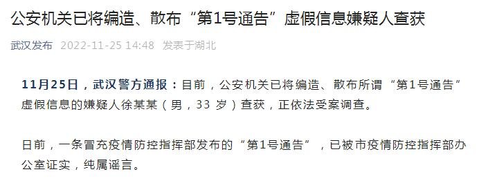 武汉警方：公安机关已将编造、散布“第1号