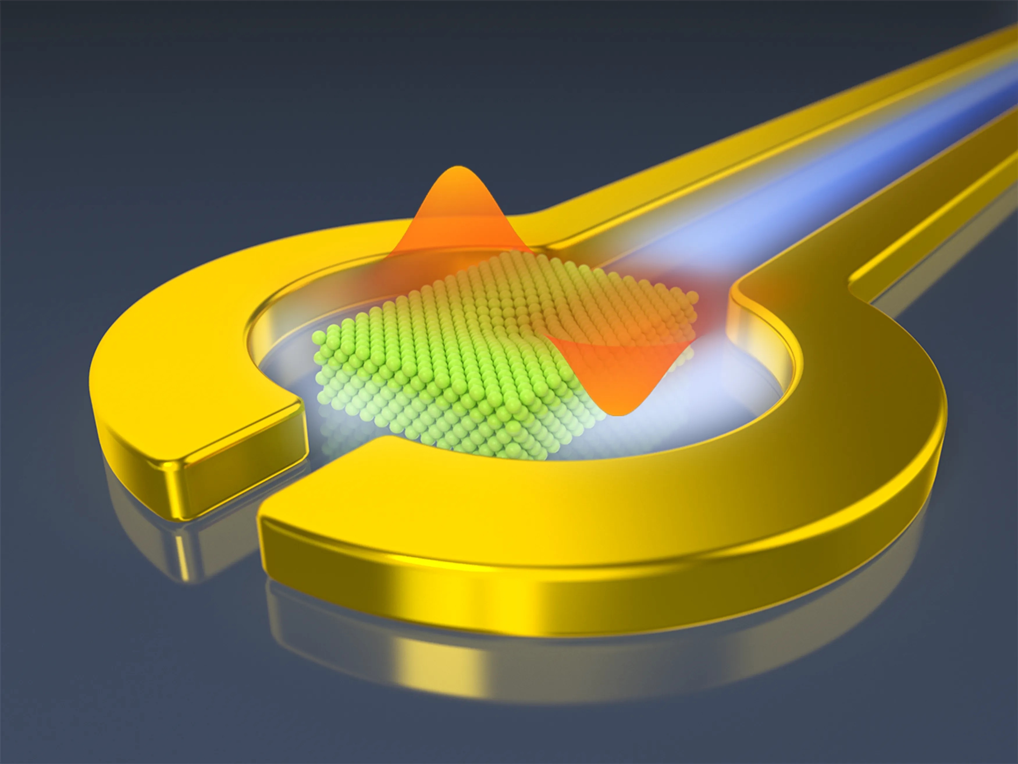超导微波谐振器(金色)可以利用微波(淡蓝光束)帮助控制一个孤立的电子(橙色波函数)，该电子被困在一块固态氖(绿色)上，图片来自阿贡国家实验室