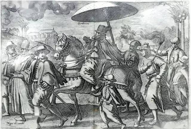 在印度街头骑行而过的葡萄牙贵族,绘于1596年