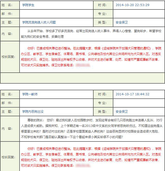 校长信箱反映校内流浪狗情况的截图