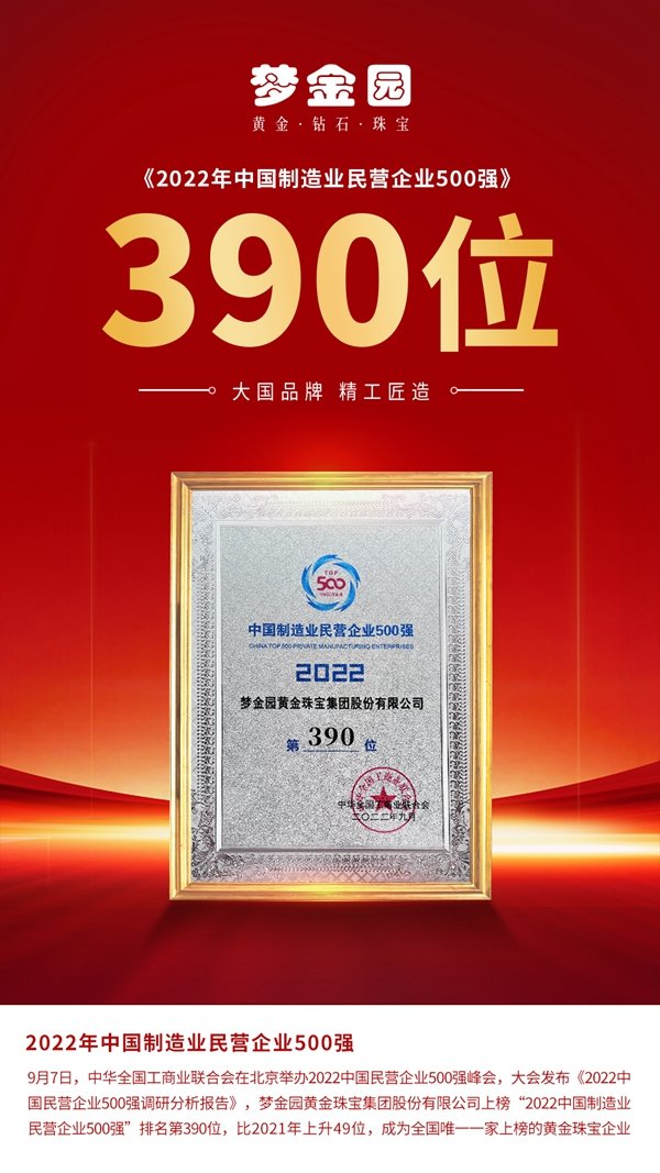 梦金园再次上榜“2022中国制造业民营企业500强”_凤凰网商业_凤凰网