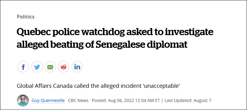 駐加拿大外交官遭加警方“野蠻毆打”？塞內加爾強烈譴責