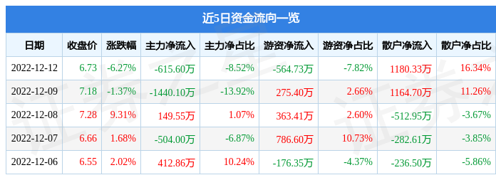 ST天山（300313）12月12日主力资金净卖出615.60万元