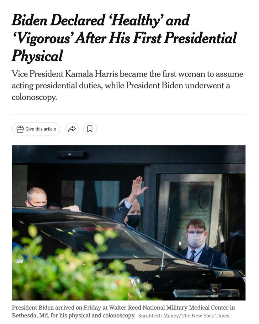 《纽约时报》去年11月报道截图：《拜登第一次总统体检之后被宣“健康”且“有活力”》