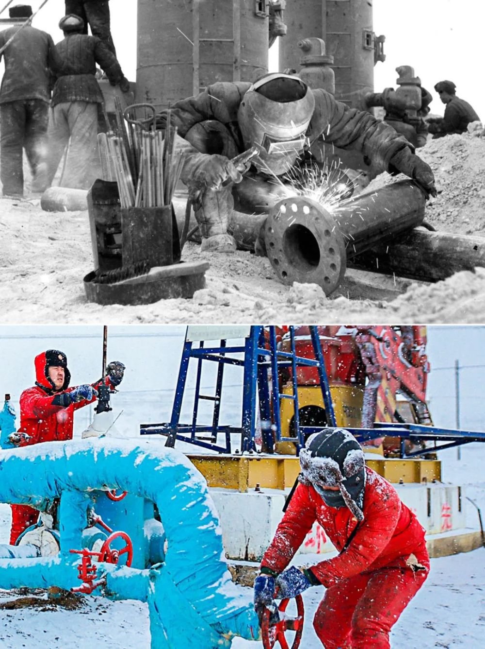 拼版照片:上图为1959年,新疆克拉玛依油田工人在建设九号集油区(新华社记者 武纯展 摄);下图为2019年1月15日,新疆油田公司风城油田作业区员工孙晟(前)和王晓东在重18井区对油井实施增产措施(吴小川 摄)。