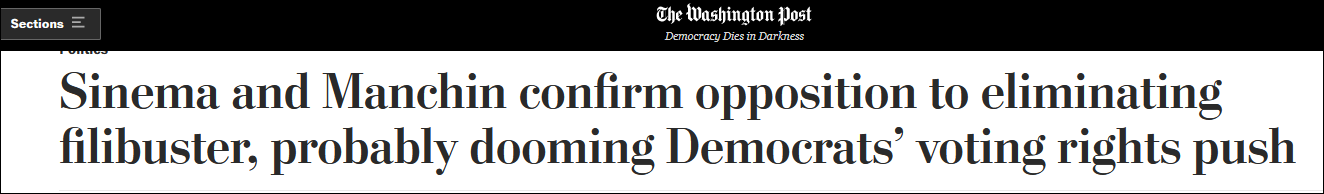 《华盛顿邮报》：西尼马、曼钦再度确认反对修改“冗长议事”规则，这可能会使民主党投票权法案走向失败