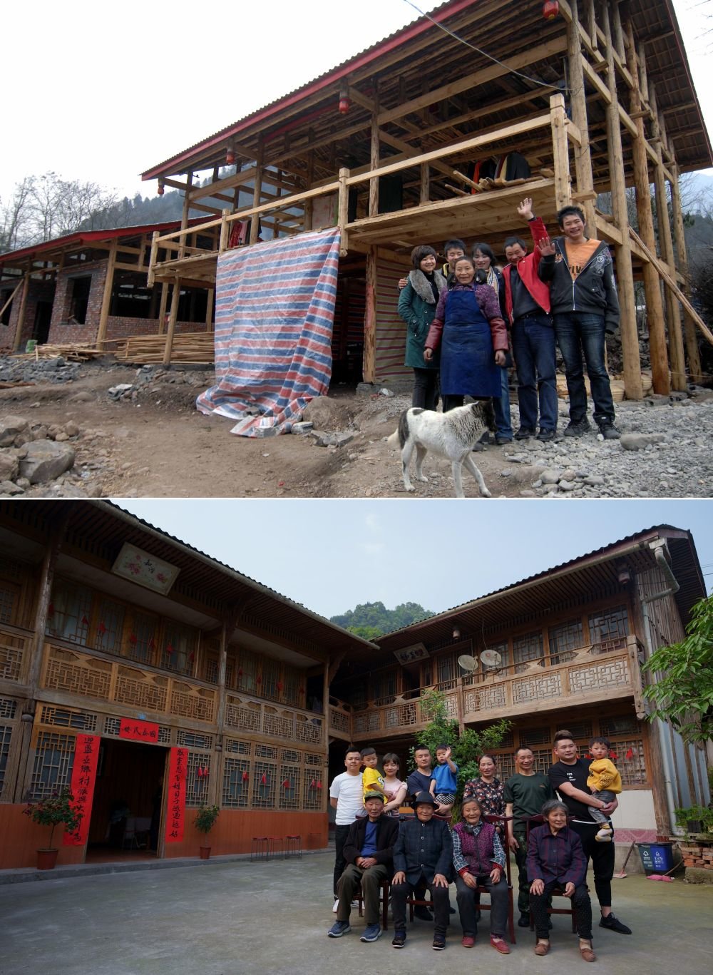 这是一张拼版照片，上图为四川省绵阳市安州区高川乡茅香村群众林兴聪（右二）、李芸香（右三）和家中的老人、孩子在重建中的住房前留影（2009年1月25日，新华社记者江毅摄）；下图为林兴聪（后右三）、李芸香（后右四）一大家13口人在房前留影（2021年5月4日，新华社记者江宏景摄）。新华社发