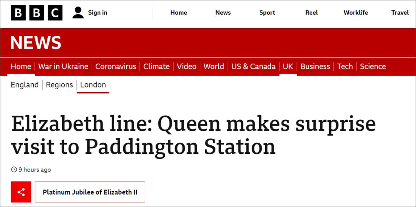英国广播公司（BBC）：伊丽莎白线：女王出人意料造访帕丁顿车站