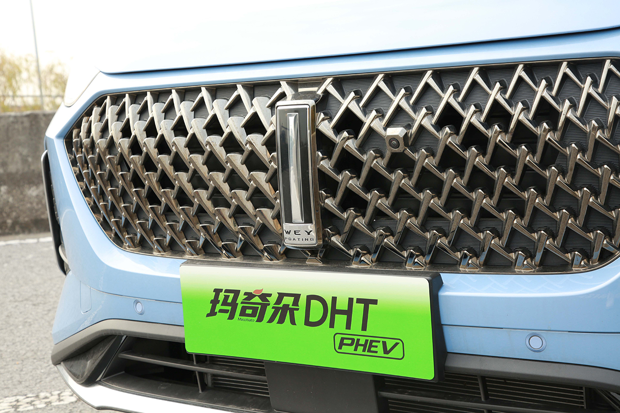 中网有交织式的格栅,带有金属光泽,最中央是wey品牌的长方形车标