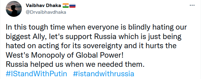 印度网友推特留言支持俄罗斯