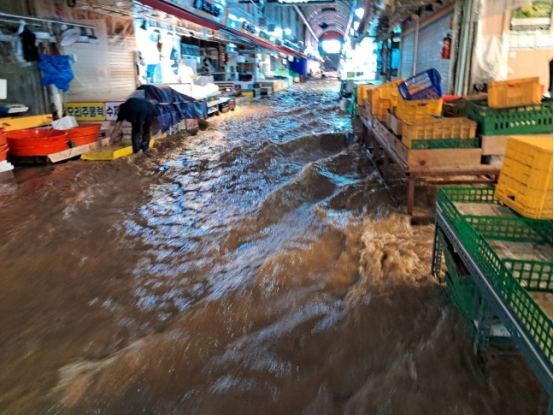 当地时间8日，韩国京畿道富川市某市场因暴雨被淹。图自韩媒