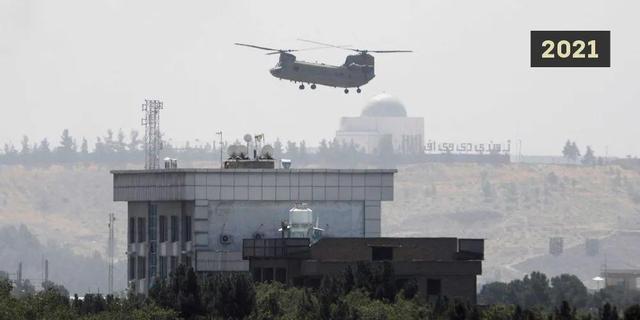 2021年8月15日清晨，美军CH-47“支奴干”双旋翼直升机飞抵美国驻阿富汗大使馆上空，撤离美方工作人员。