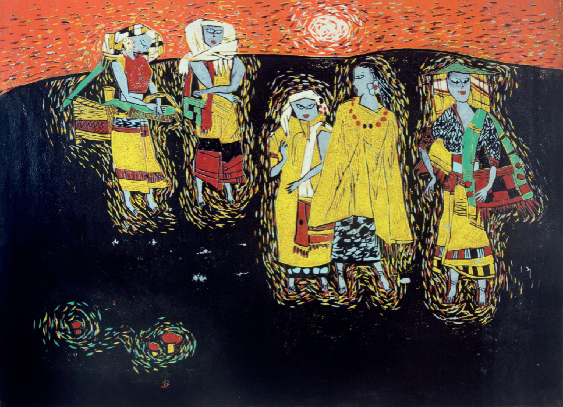 贺昆《发红的天》，减版木刻，45x60cm, 1987