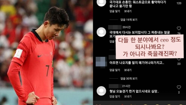 韩国选手孙兴慜（图左）和其社交账号上部分韩国网民的恶性留言截图。 图源：《朝鲜日报》