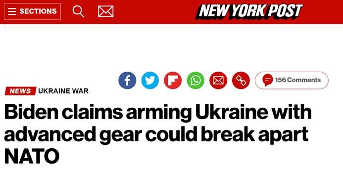 《纽约邮报》报道：拜登称以最先进武器武装乌克兰将导致北约分裂