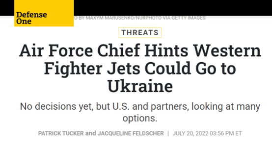 美国“防务一号”网站：美空军司令暗示西方战机可能前往乌克兰