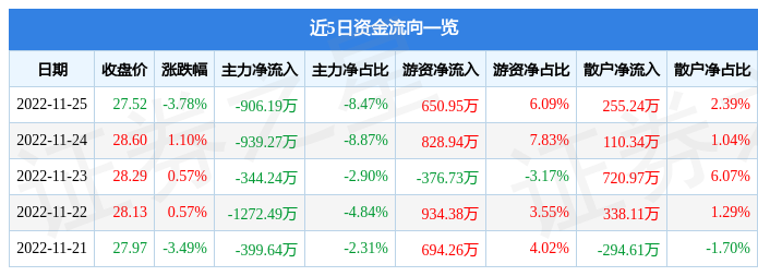 国恩股份（002768）11月25日主力资金净卖出906.19万元