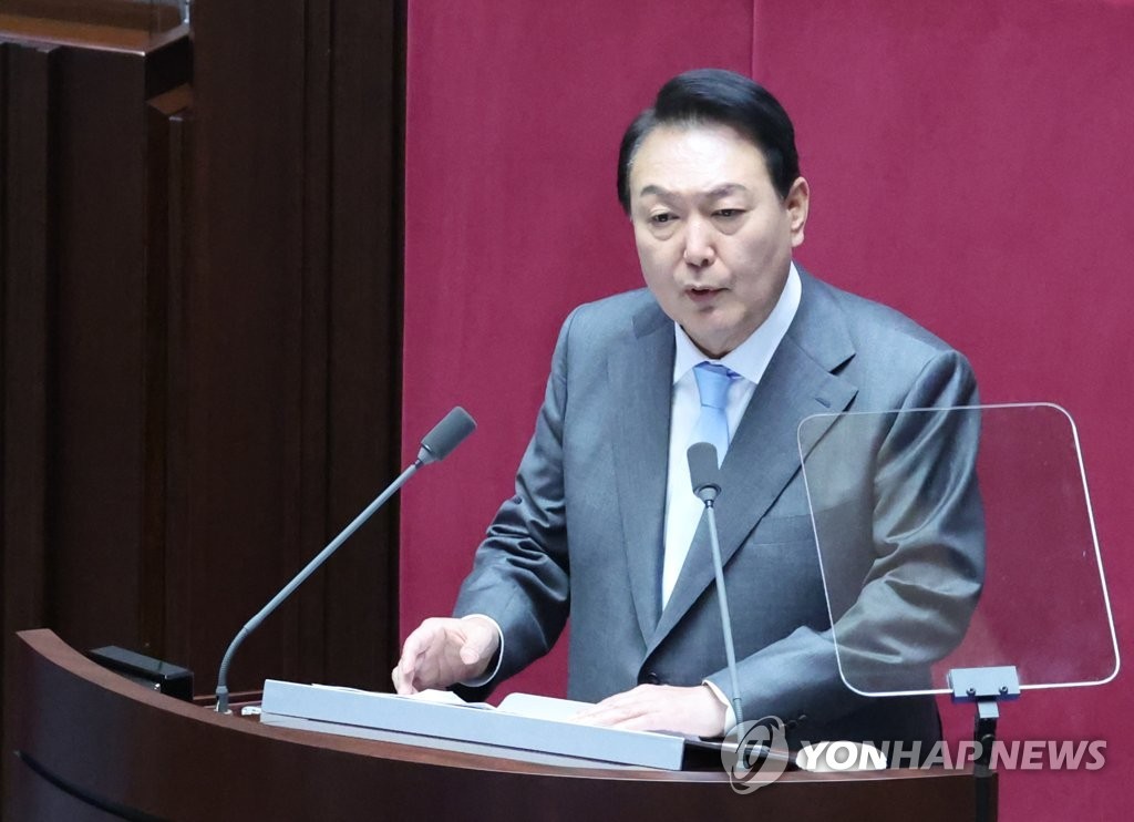 5月16日，在国会，韩国总统尹锡悦发表施政演说。图片来源：韩联社 下同