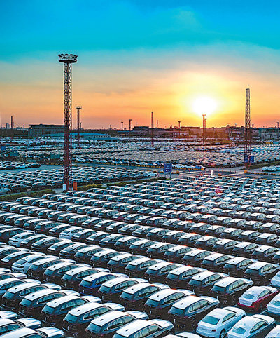 上海市外高桥保税区海通码头，国产汽车井然有序地停放，等待出口。今年前8月，上海口岸出口汽车80.4万辆，同比增长36.5%。本报记者 沈文敏摄