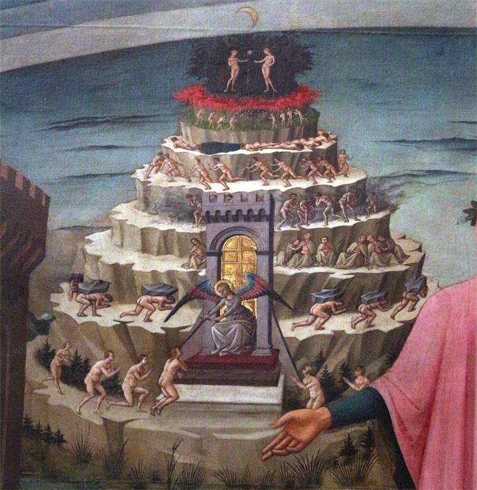 米切利诺画作《但丁和三重世界》局部：中间的炼狱，1465年。