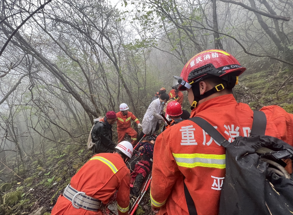 农妇山中采摘天蒜不慎坠崖重庆消防员冒雨救援