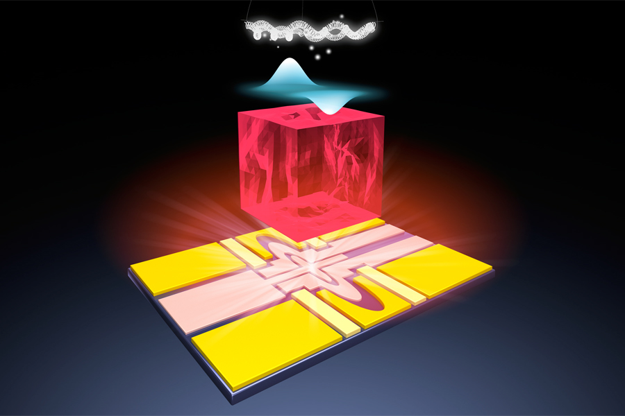 新型量子比特平台：来自顶部加热灯丝的电子落到固态氖（红色块）上，单个电子（蓝色表示为波函数）被底部超导量子电路芯片捕获和操控，图片来自阿贡国家实验室