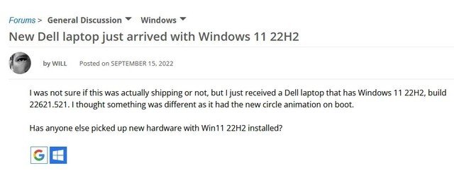 Win11大版本明天推送 网友新笔记本预装新系统 